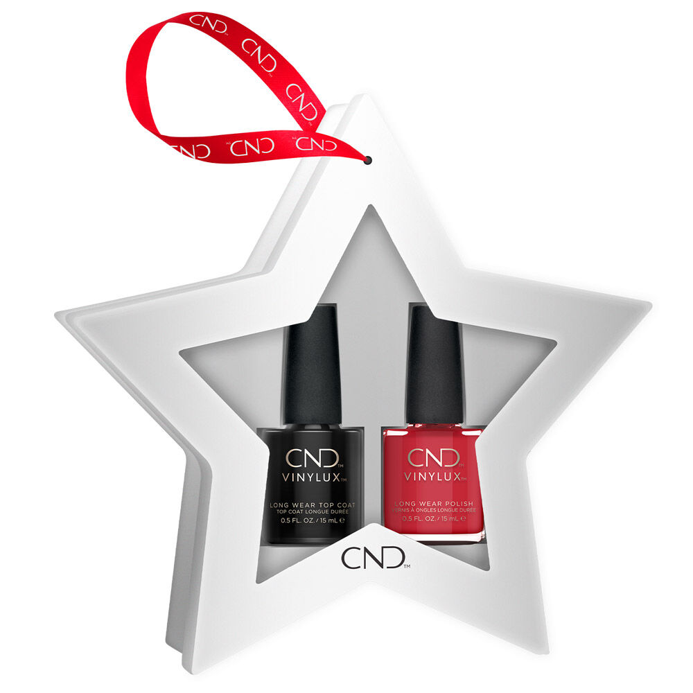 CND Karácsonyi Csillag CND VINYLUX Top Coat fedőlakkal és Rouge Red árnyalattal