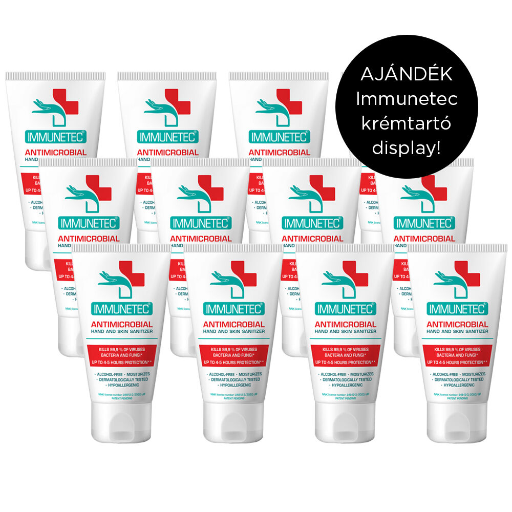 Immunetec antimikrobiális kéz- és bőrvédő krém – 50 ml 12 db-os szett ajándék tartóval