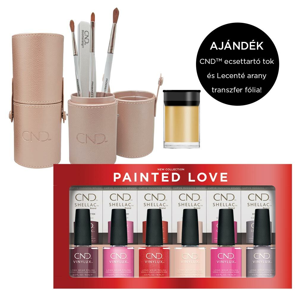 CND Painted Love kollekció Shellac és Vinylux árnyalatai díszdobozban ajándék ecsettartó tokkal, fóliával, állvánnyal